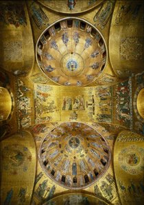 Arquitectura bizantina: vista de las cúpulas con mosaicos sobre un fondo dorado (estilo románico y bizantino) que ilustran el Pentecostés (1250-1300) y la Ascensión (principios del siglo XIII). Basílica de San Marcos, Venecia de Byzantine