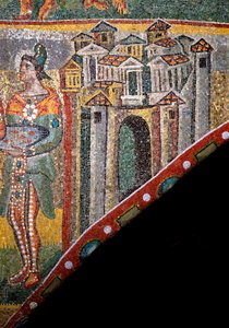 Arte cristiano: “Adoración de los Magos”. Detalle del paisaje. Mosaico del siglo V. Arco Triunfal, Basílica de Santa María la Mayor, Roma. de Byzantine