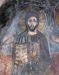 Primer plano de un fresco de un pantocrátor, Cristo Pantocrátor, Zoupena, Esparta, Peloponeso, Grecia de Byzantine