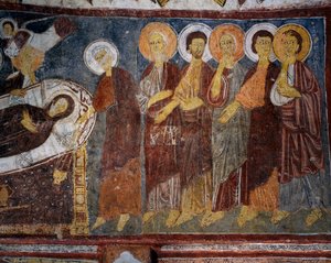 Dormición de la Virgen entre los Apóstoles, detalle, fresco bizantino (siglo XIII), Gulsehir Karsi Kilise (Iglesia de San Juan), Goreme (Lista del Patrimonio Mundial de la Unesco) de Byzantine