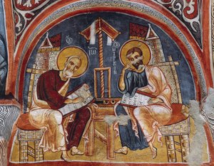 Evangelistas Lucas y Mateo escribiendo los Evangelios, Karanlik Kilise (Iglesia Oscura) (siglos XII-XIII), Goreme (Lista del Patrimonio Mundial de la Unesco) de Byzantine