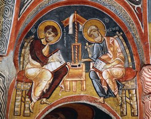 Evangelistas Marcos y Juan escribiendo Evangelios, Karanlik Kilise (Iglesia Oscura) (siglos XII-XIII), Goreme (Lista del Patrimonio Mundial de la Unesco)