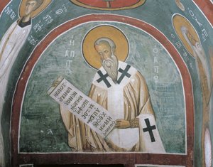 Pinturas de un santo sosteniendo una carta, San Ignacio de Antioquía, Panagia Too Araka, Lagoudera, Chipre de Byzantine
