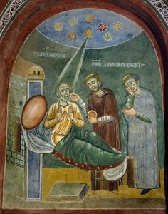 San Eldrad muriendo recibiendo la Eucaristía, detalle de las Historias de San Eldrad, fresco románico, estilo bizantino, finales del siglo XI, Capilla de San Eldrad y San Nicolás, Abadía de Novalesa, Piamonte, Italia de Byzantine