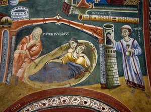 San Nicolás salvando a un comerciante rico caído en la pobreza y pagando la dote de sus hijas, detalle de las Historias de San Nicolás, fresco románico, estilo bizantino, finales del siglo XI, Capilla de San Eldrado y San Nicolás, Abadía de Novalesa, Piamo de Byzantine