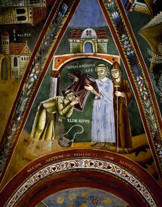 San Nicola, historias de la vida de San Eldrado y San Nicolás, San Eldrado hacia Santiago de Compostela: recibiendo un hábito monástico del Abad de Novalesa (detalle) de Byzantine
