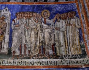 San Pablo imponiendo las manos a los recién bautizados, fresco bizantino en el transepto de Tokali Kilise (Iglesia de la Hebilla) (siglos XII-XIII), Goreme (Lista del Patrimonio Mundial de la Unesco) de Byzantine