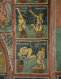 Los condenados: El Usurero y la Monja Pecadora (arriba), el Sacerdote Caduco y la Mala Madre (abajo) (fresco) de Byzantine