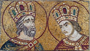 El emperador romano Constantino I, con Santa Elena, su madre (detalle de mosaico)