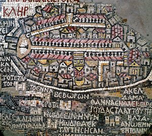 Arte bizantino: mapa más antiguo de Palestina. Detalle representando Jerusalén. Mosaico del siglo VI. Madaba, iglesia de San Jorge de Byzantine School