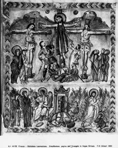 Crucifixión y Resurrección, de los Evangelios de Rabula, 586 d.C.