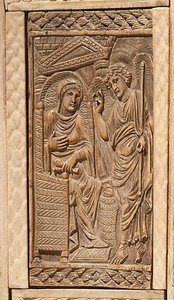 (Detalle) de la Anunciación, de la silla del Obispo Maximiano (madera incrustada y marfil) de Byzantine School