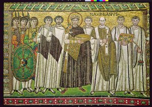 Emperador Justiniano I y su séquito de oficiales, guardias y clérigos, c.547 d.C. (mosaico)