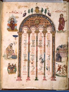 F.4v, tablas canónicas, de los Evangelios de Rabula, 586 d.C. de Byzantine School