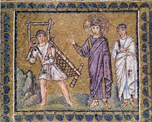Curación del paralítico, Iglesia de San Apolinar el Nuevo de Rávena, mosaico mural, Italia, siglo VI.