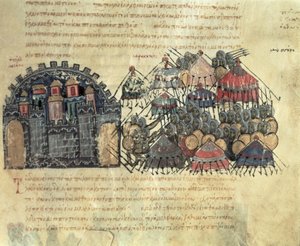 MMS Vitr. 26-7 Los bizantinos asediando Mesina, de los Skylitzes de Madrid (vitela) de Byzantine School