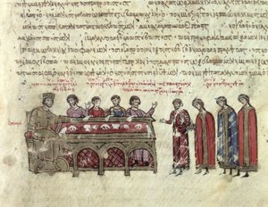 MMS Vitr. 26-7 Predicciones sobre el emperador Miguel II (820-829) del capítulo III de los Skylitzes de Madrid (vitela) de Byzantine School