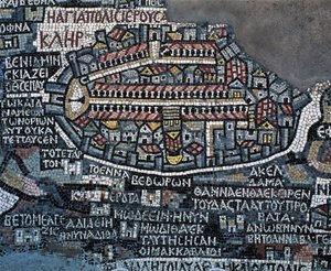 Mapa en mosaico de Madaba (Mapa de Tierra Santa), 560, mosaico en la basílica ortodoxa griega de San Jorge, Madaba, Jordania, civilización bizantina, siglo VI (mosaico)