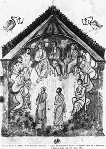 Los apóstoles reunidos para la sustitución de Judas por Matías, folio de los Evangelios de Rabula, 586 d.C.