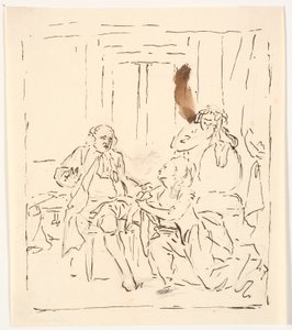 Una mujer arrodillada ante un hombre sentado. En el fondo, una mujer llorando apoyada en una silla. ¿Escena de teatro? de C.A. Lorentzen