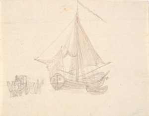 Un barco con vela y bandera y un bote. A la izquierda, dos carros de caballos de C.A. Lorentzen