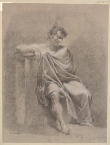 Modelo sentado en drapeado. Sentado en un pedestal bajo y descansando el brazo derecho en un pedestal alto de C.A. Lorentzen
