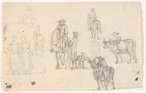 Bocetos con campesinos, caballos y vacas