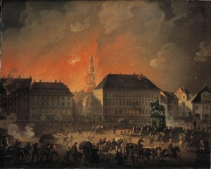 La noche más terrible. Vista de Kongens Nytorv en Copenhague durante el bombardeo inglés de Copenhague en la noche entre el 4 y 5 de septiembre de 1807 de C.A. Lorentzen