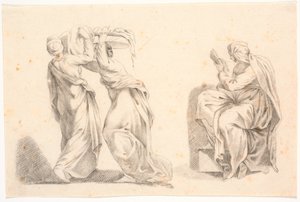 Dos mujeres en vestiduras clásicas llevando una cesta y una sibila después de Miguel Ángel de C.A. Lorentzen