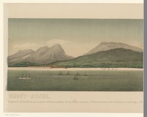 Vista de la costa del Gran Aceh, con la flota de la primera expedición de Aceh frente a la costa, tercera parte The Greater Aceh Road (título sobre el objeto) de C.A. Whitten