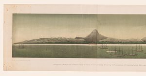 Vista de la costa del Gran Aceh, con la flota de la Primera Expedición de Aceh frente a la costa, que consta de cuatro partes The Greater Aceh Road (título sobre el objeto) de C.A. Whitten