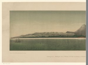 Vista de la costa del Gran Aceh, con la flota de la Primera Expedición de Aceh frente a la costa, primera parte The Greater Aceh Road (título sobre el objeto) de C.A. Whitten