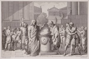 El Encuentro de Camillus y Manlius Después de la Retirada de los Galos, grabado por B.Barloccini, 1849