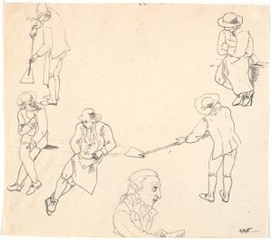 Boceto con seis figuras masculinas, dos con palas, tres sentados, y un perfil masculino