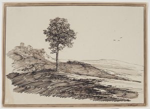 Paisaje montañoso con árboles, casas al fondo de C.F. von Rumohr