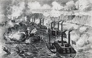 La flota del Almirante David Dixon Porter rompiendo el bloqueo rebelde en el Mississippi en Vicksburg, 16 de abril