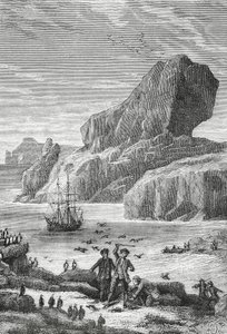 Descubrimiento de Austral Francia (Islas Kerguelen) por el explorador francés Yves-Joseph de Kerguelen-Tremarec (1734-1797), febrero de 1772, grabado, Océano Índico, Territorio de Tierras Australes y Antárticas Francesas