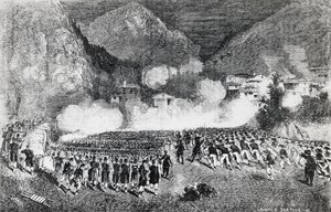 División del General Giacomo Medici atacando Levico Terme, Trentino-Alto Adige, julio de 1866, Tercera Guerra de Independencia, grabado, Italia de J.B. and Brown J. Rowbotham