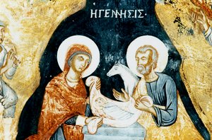 Fresco de la Natividad en el monasterio de Mikro Sotiris, isla de Symi, Grecia (foto) de J.B. and Brown J. Rowbotham