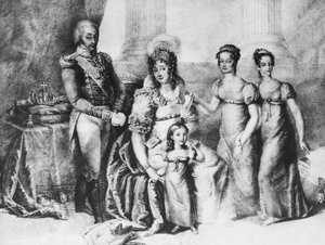 Retrato de Víctor Manuel I, Rey de Cerdeña y Duque de Saboya, Piamonte y Aosta, con su esposa María Teresa de Austria-Este y sus hijas, María Teresa de Saboya (1803-1879), María Ana de Saboya y María Cristina de Saboya, grabado de J.B. and Brown J. Rowbotham