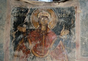Santo, paredes frescas en la Iglesia de Agios Georgios, Komitades, Creta, Grecia de J.B. and Brown J. Rowbotham
