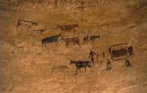 Escena de la vida cotidiana con ganado, arte rupestre, Tassili n