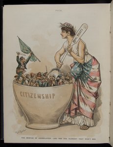 El mortero de la asimilación - Y el único elemento que no se mezcla, ilustración de la revista Puck, 26 de junio de 1889