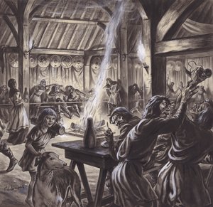 Un festín en un salón anglosajón (gouache sobre papel)