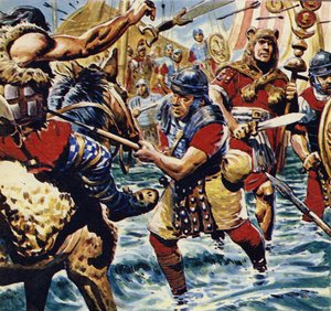 Enardecidas por la valentía del abanderado, las demás legiones romanas se armaron de valor (litografía en color)