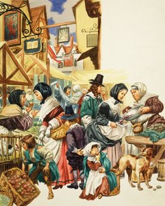Escena callejera jacobea (gouache sobre papel)