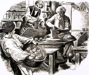 Josiah Wedgwood fue aprendiz en el negocio familiar de alfarería (gouache sobre papel)