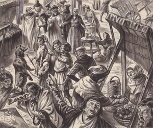 Mercaderes en una feria medieval (gouache sobre papel) de C.L. Doughty