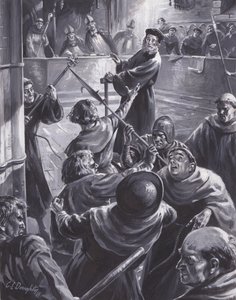 El juicio de John Wyclif, en el que una multitud intentó rescatarlo (gouache sobre papel)
