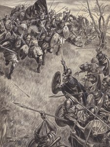 Escena de batalla no identificada (gouache sobre papel)